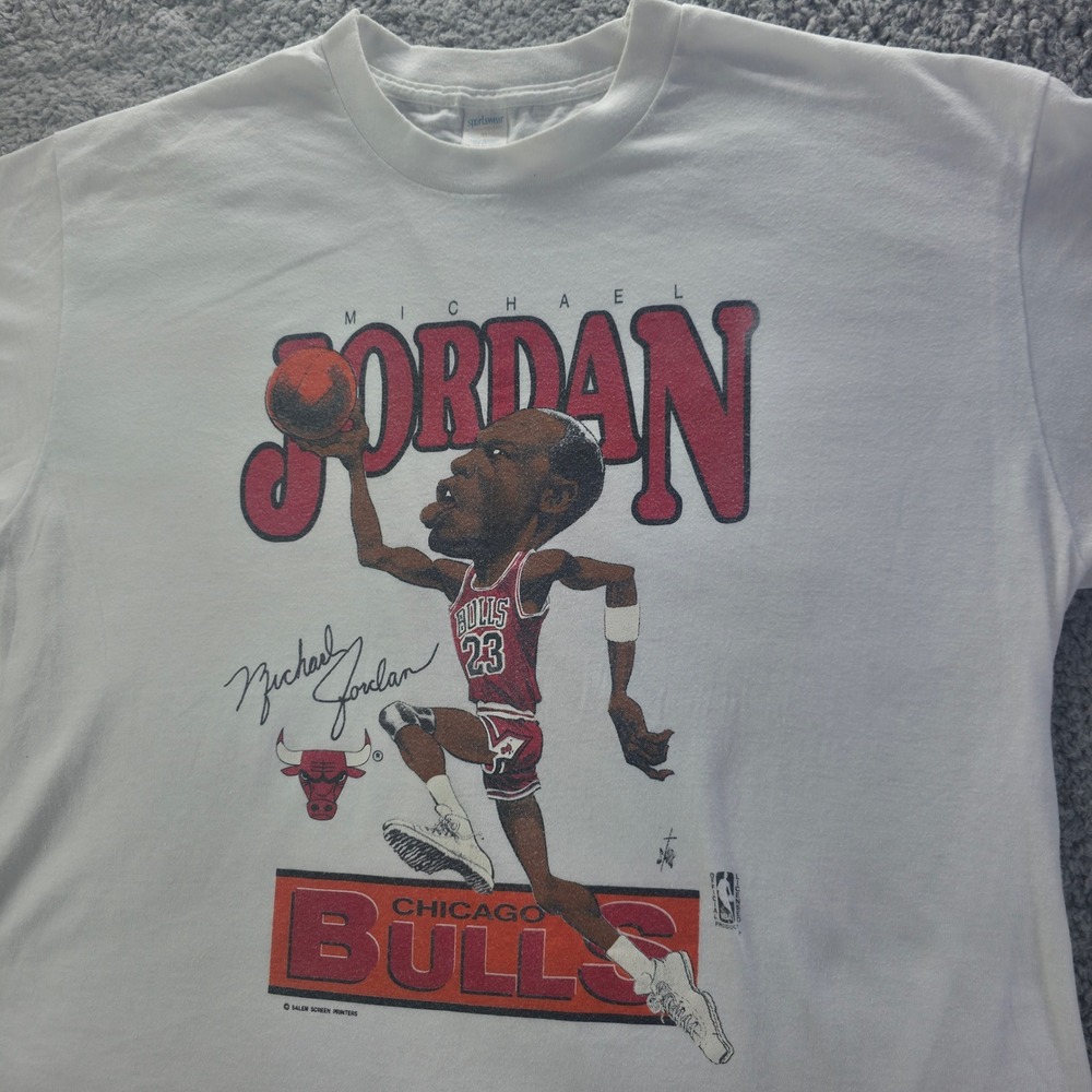 Vtg Michael Jordan Chicago Bulls Salem Sportswear Caricature T-Shirt White XL